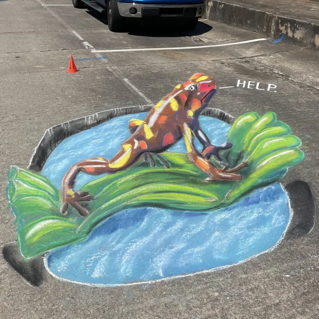 3D chalk drawing of a red and yellow frog on a lily pad above a pond that appears cut into a parking lot, with the word "Help" beside it.
