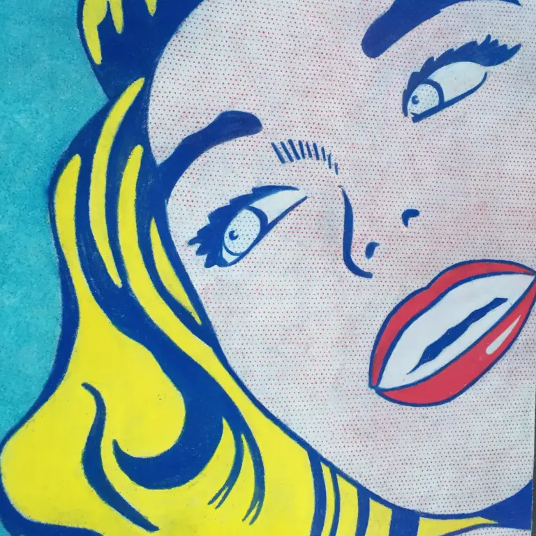 Pop-art chalk portrait of a blonde woman glancing sideways with red lips, outlined in bold blue over pink Ben-Day dots.