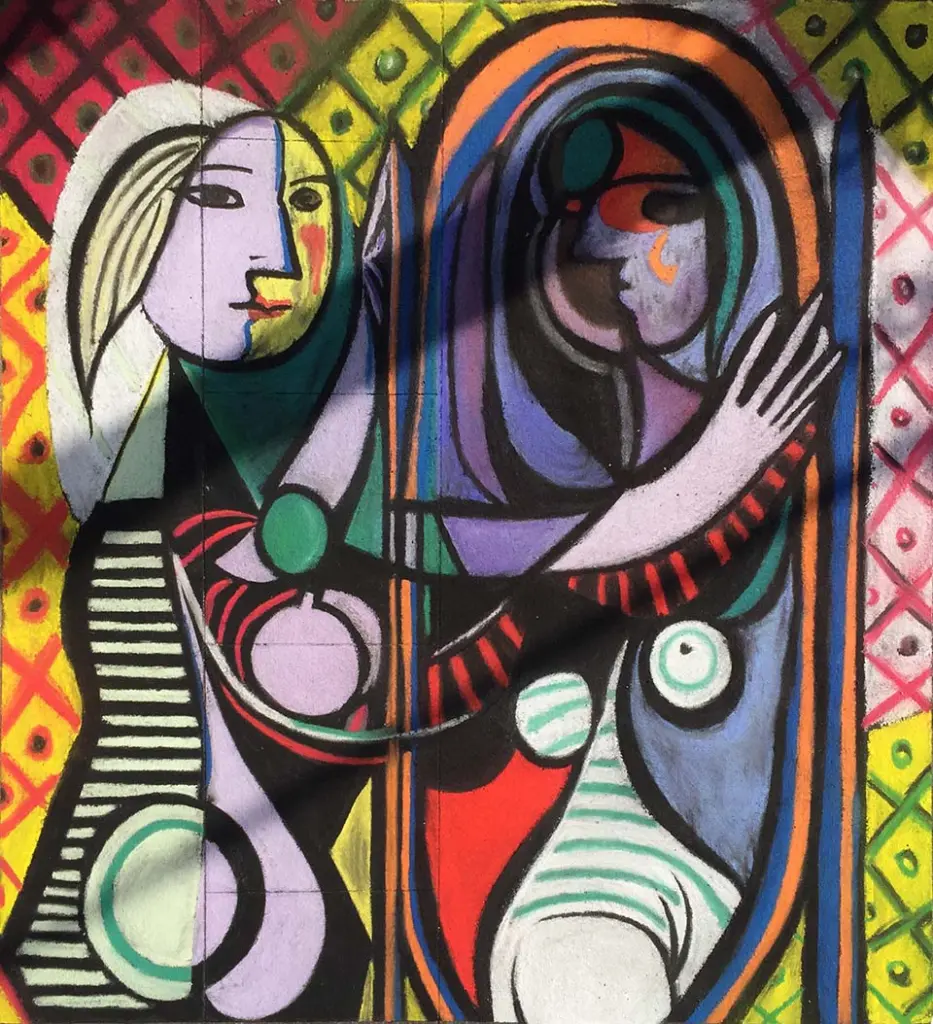 Chalk version of Pablo Picasso's Girl before a Mirror in bold stripes and patterns of red, green, yellow and purple.