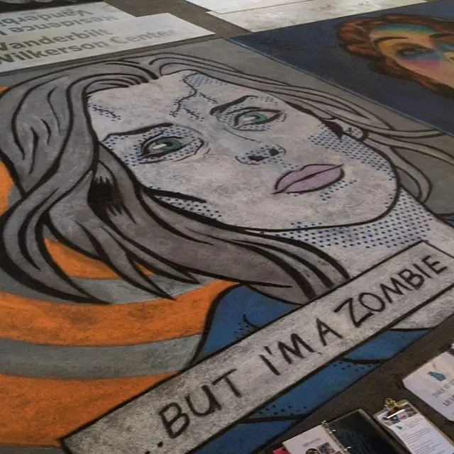 Pop-art chalk portrait of a pale woman with gray-green skin, with a caption panel that reads But I'm a zombie.