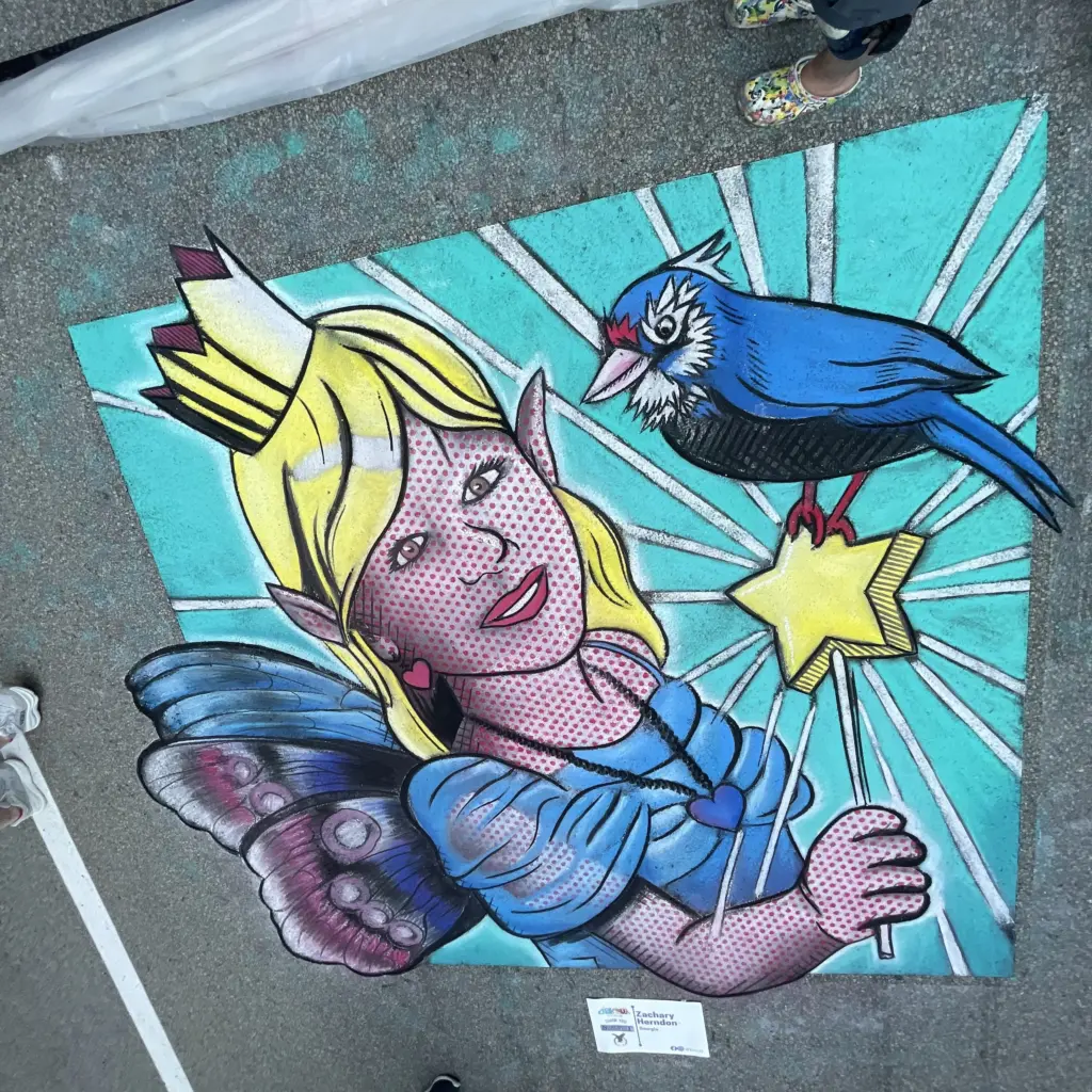 Pop-art chalk drawing of a fairy with a crown, pointed ears and butterfly wings holding a star wand, with a blue jay perched on the star against turquoise rays.