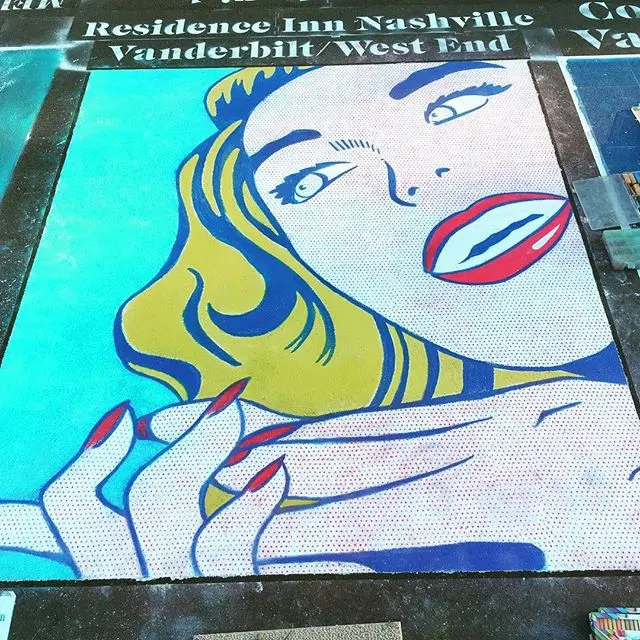 Pop-art chalk portrait of a blonde woman with blue eyes, red lips and red fingernails touching her face, on a bright turquoise background.
