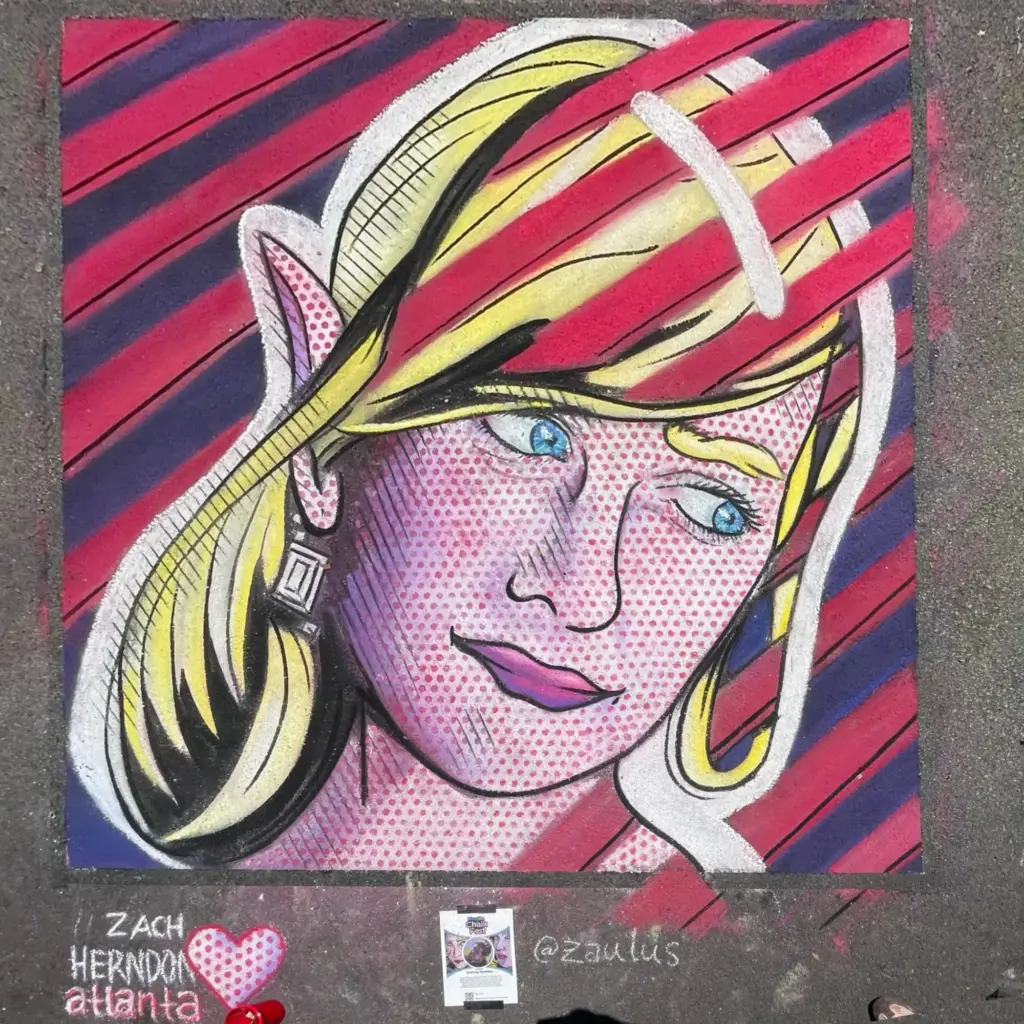 Pop-art chalk portrait of a blonde woman with blue eyes, purple lips and Ben-Day dot skin against diagonal magenta and purple stripes, signed Zach Herndon, Atlanta.