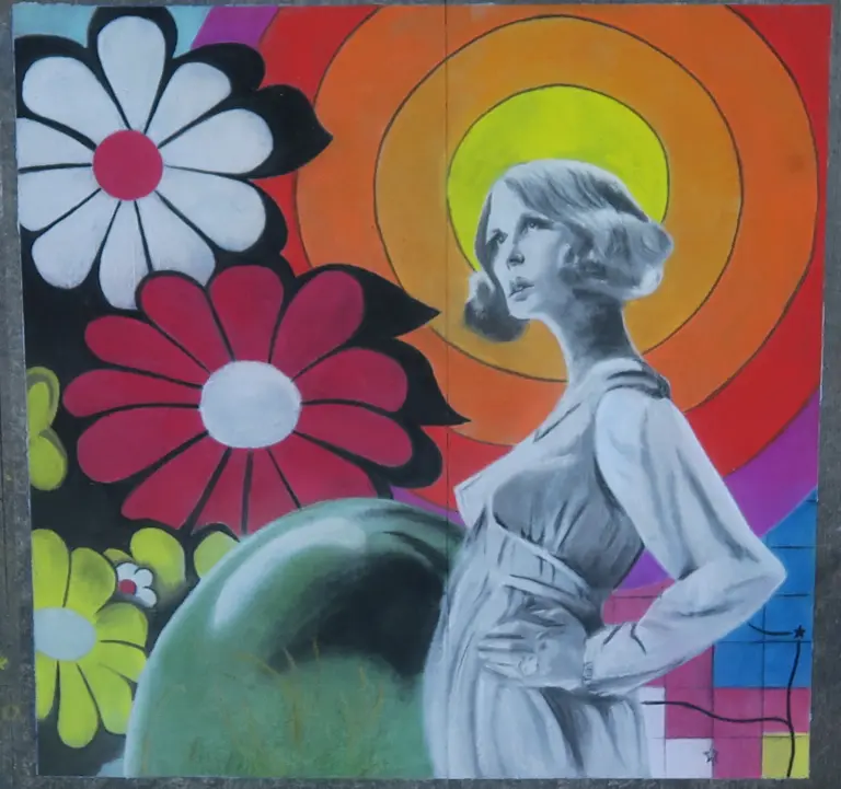 Chalk drawing of a woman in a pale dress set against oversized red and white flowers and bright concentric circles.